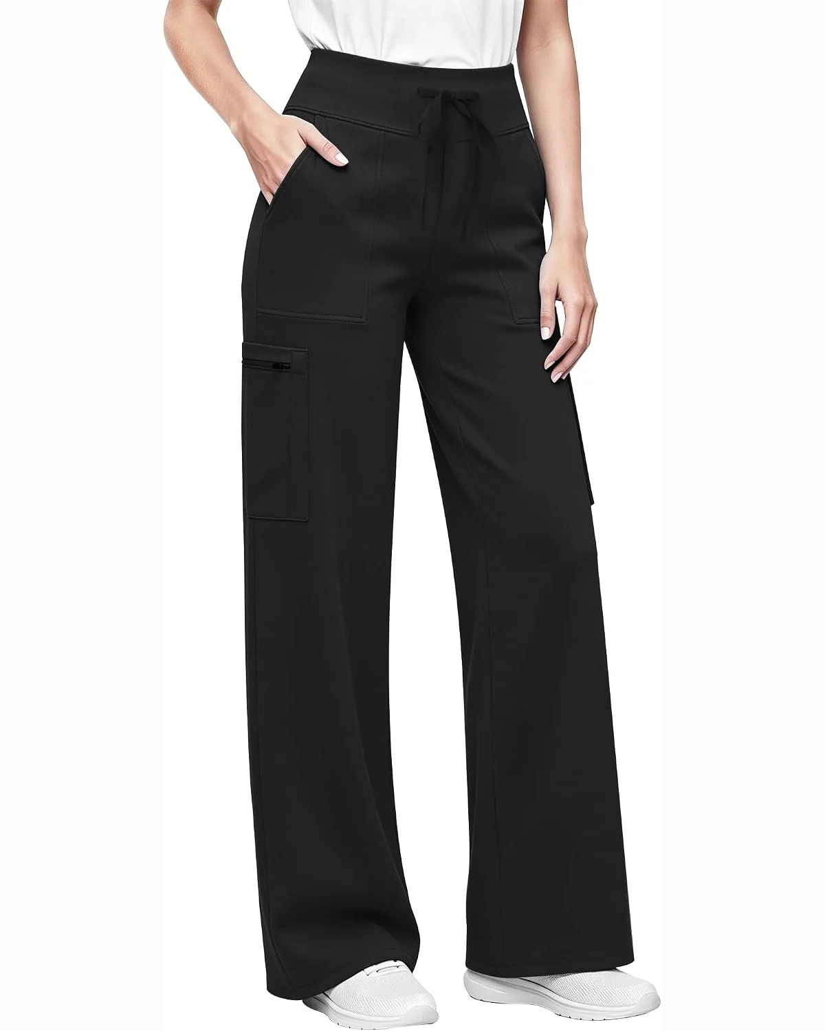 Wide-Leg Scrub Pants in Black, KECOLS