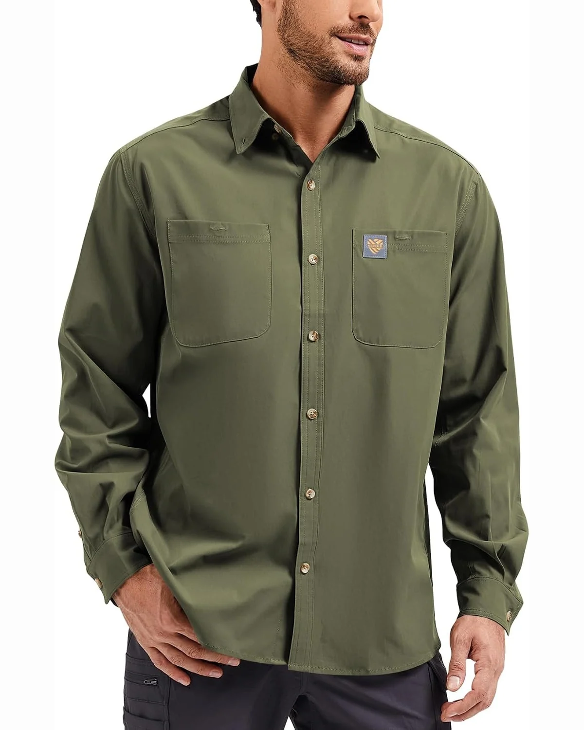 Long-Sleeve Utility Shirt in Military Green, KECOLS