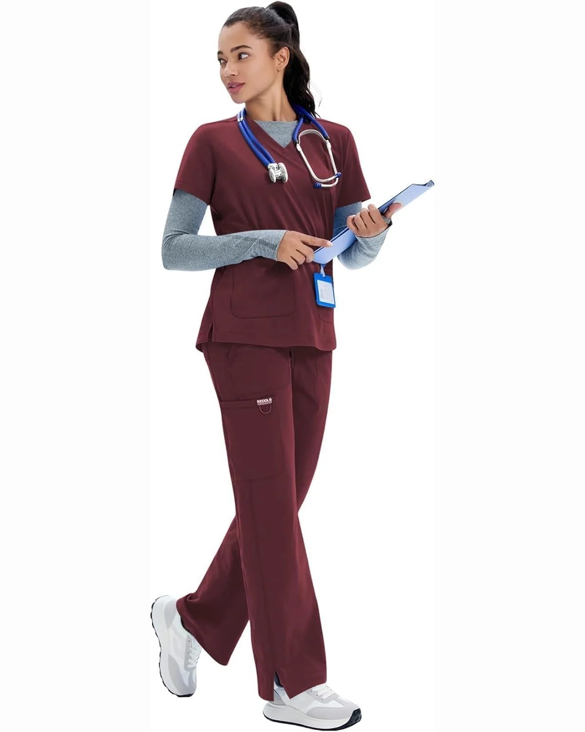 Classic Fit Scrub Top in Wine, KECOLS