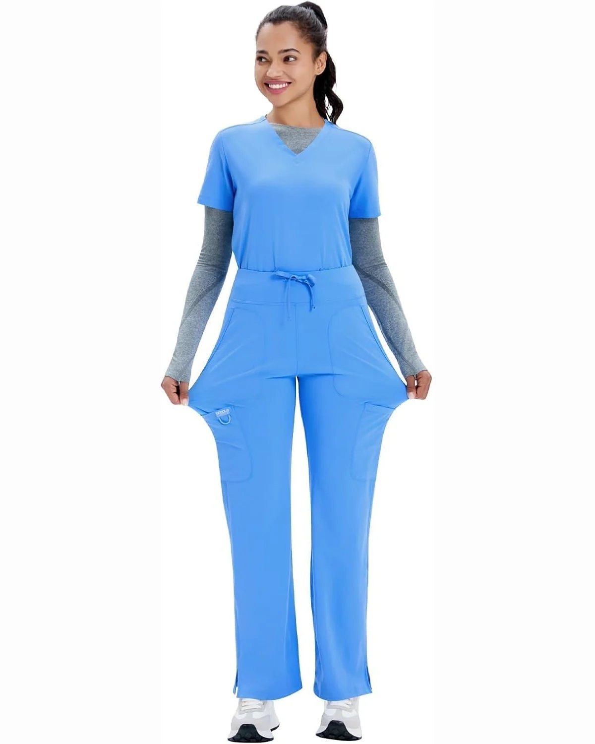 Five-Pocket Yoga Scrub Pants in Blue, KECOLS