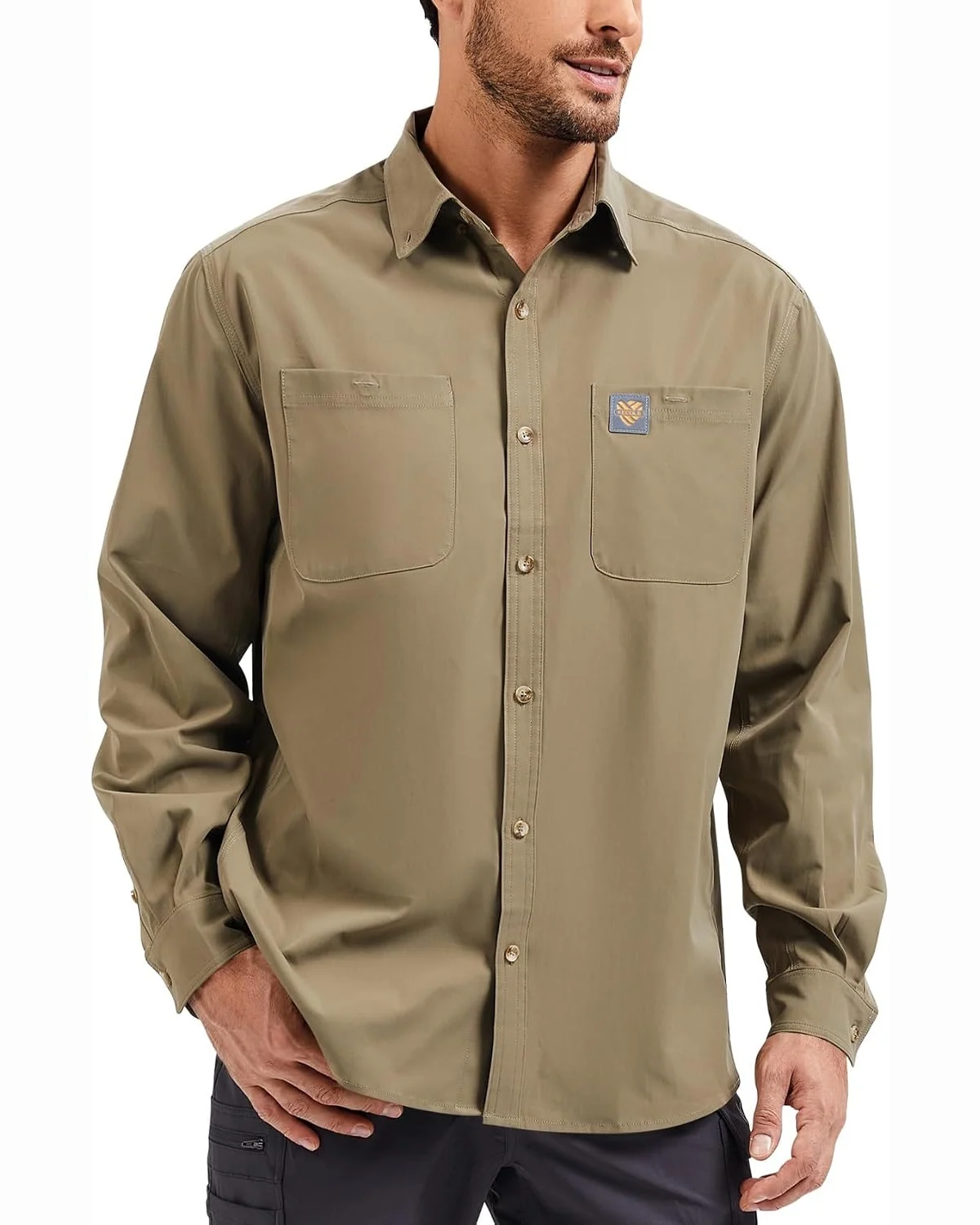 Long-Sleeve Utility Shirt in Khaki, KECOLS
