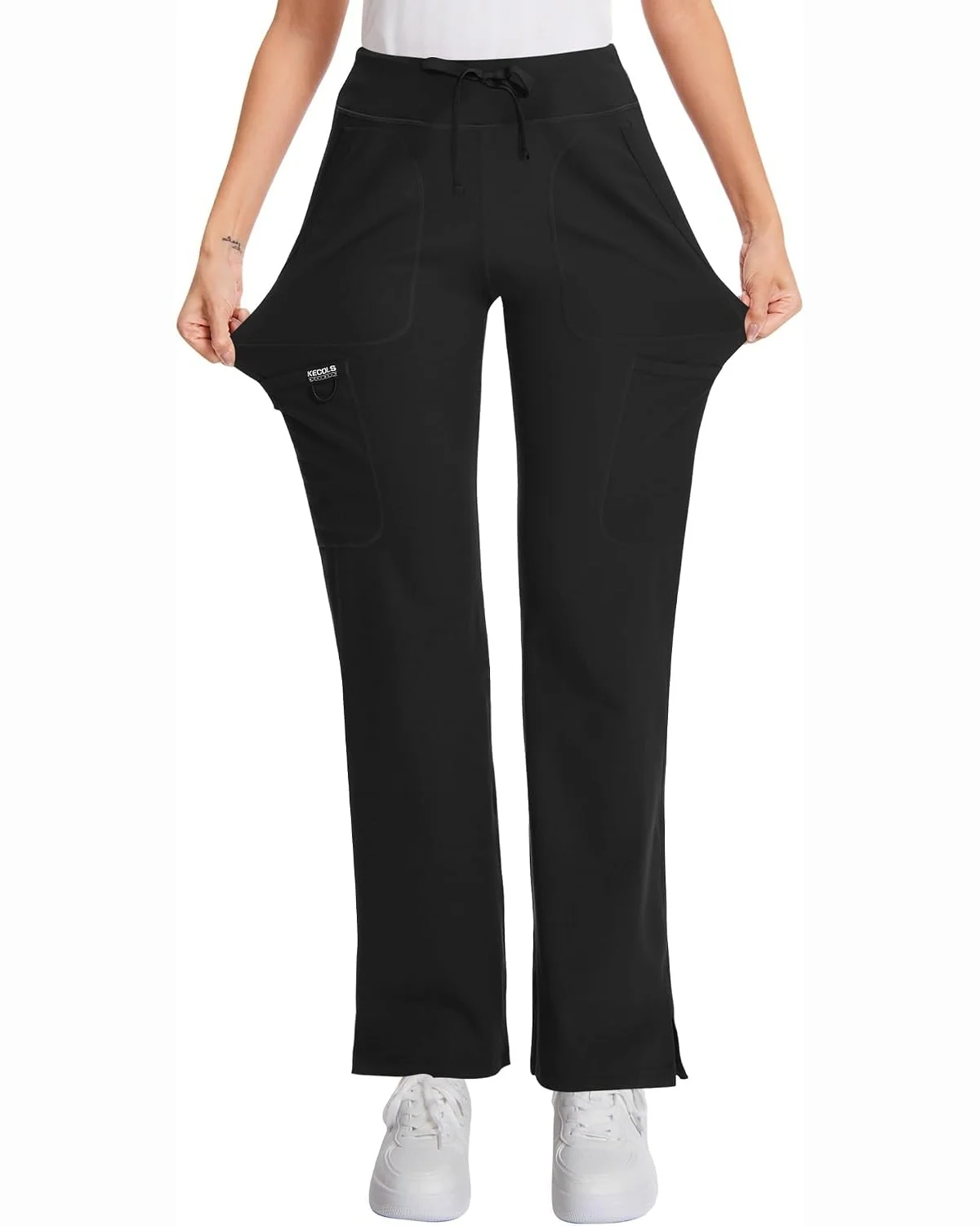 Five-Pocket Yoga Scrub Pants in Black, KECOLS