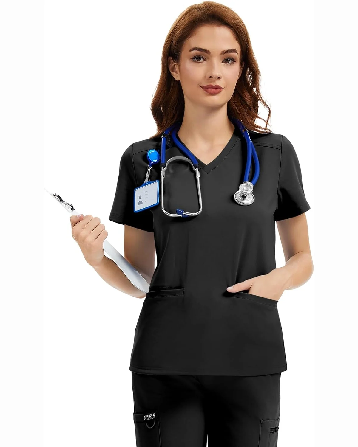 V-Neck Scrub Top in Black, KECOLS