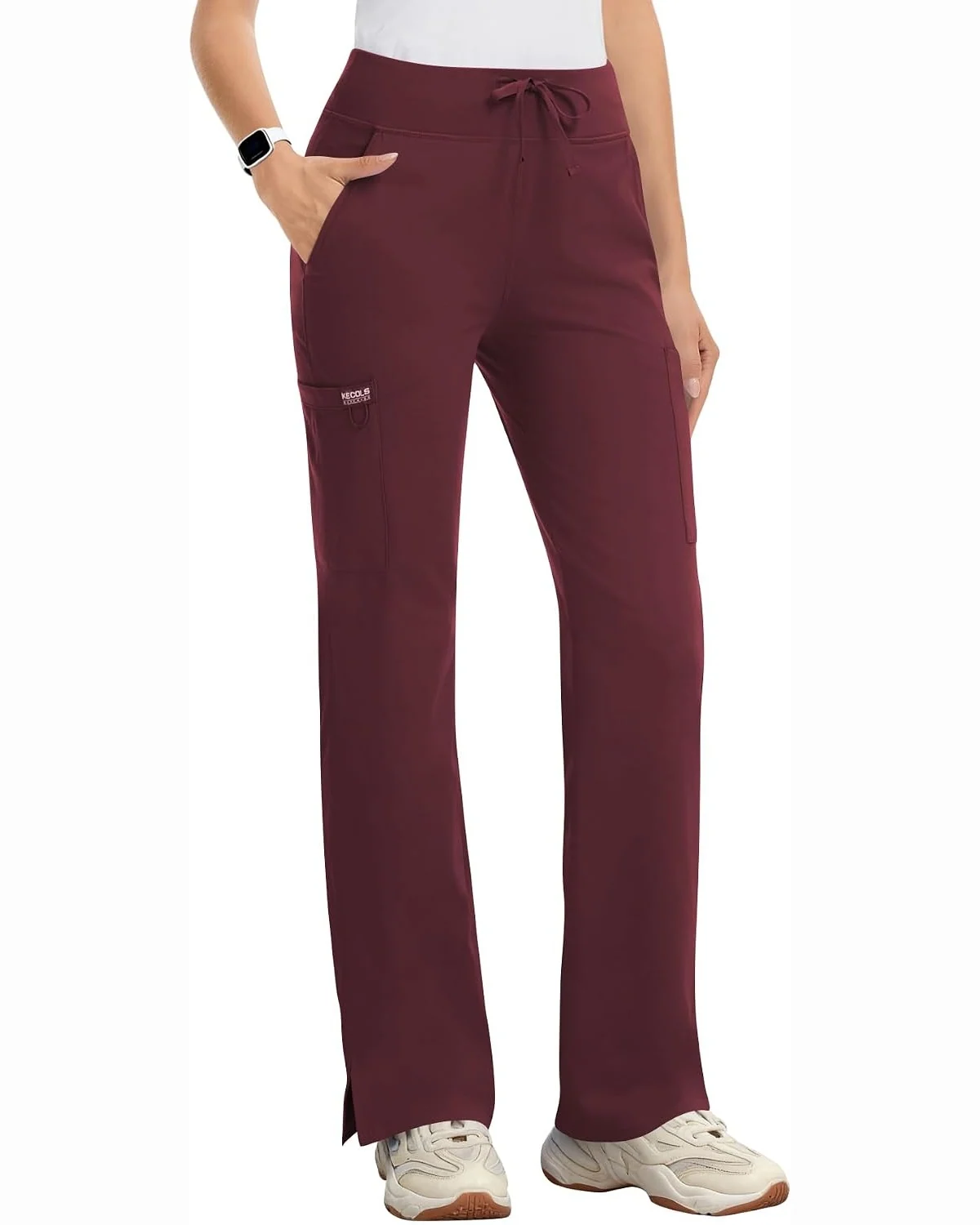High-Rise Cargo Scrub Pants in Wine, KECOLS
