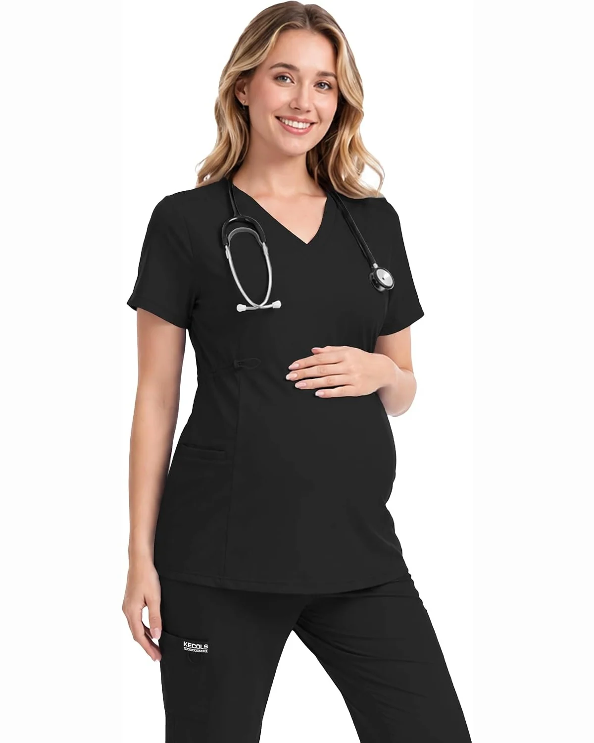 Maternity Scrub Top with Side Panels in Black, KECOLS